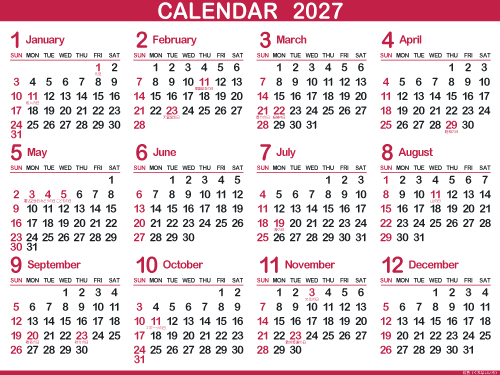 1年カレンダー（2027年･令和9年）紅色（500px）