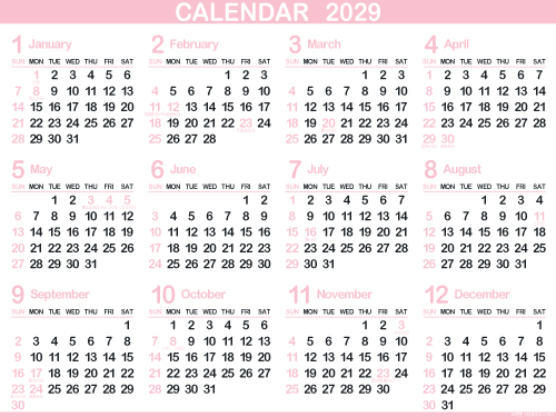 1年カレンダー（2029年･令和11年）石竹色（500px）