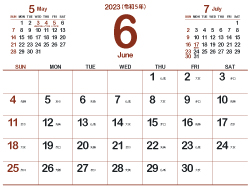 2023年6月シンプルカレンダー4｜弁柄色（250px）