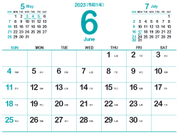 2023年6月シンプルカレンダー4｜浅葱色（250px）