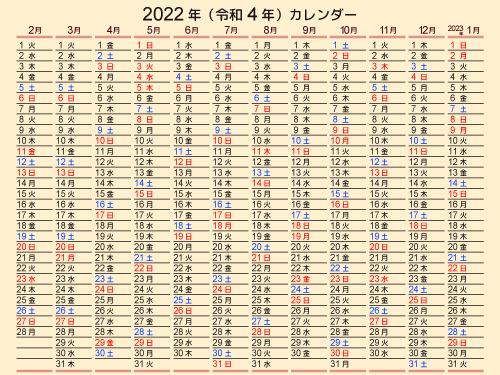 年間カレンダー日付縦向き2022年2月始まり