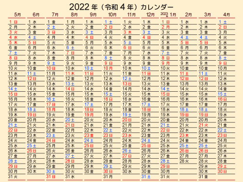年間カレンダー日付縦向き2022年5月始まり