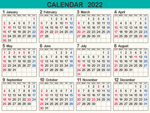 年間カレンダー 暦 22年 令和4年 オリジナル 枠あり 横向き 無料 まなびっと