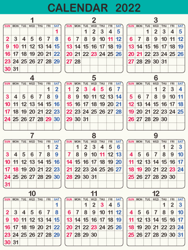 年間カレンダー 暦 22年 令和4年 シンプル 角丸枠あり 縦向き 無料 まなびっと