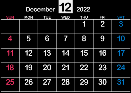 2022年12月黒･シンプル【1カ月･A4･ヨコ･日曜･英語】450px