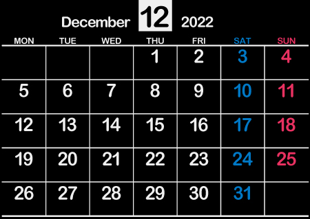 2022年12月黒･シンプル【1カ月･A4･ヨコ･月曜･英語】450px