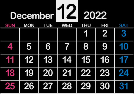 2022年12月黒･卓上【1カ月･B6･ヨコ･日曜･英語】450px