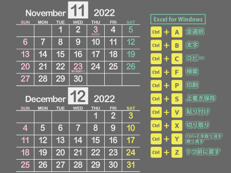 かりゆし｜Excel図解2022年11月･12月（ラブリーな黒）450px