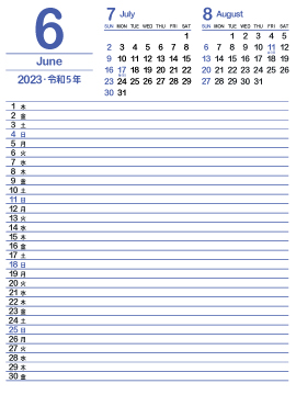 2023年6月スケジュールカレンダー｜群青色360px