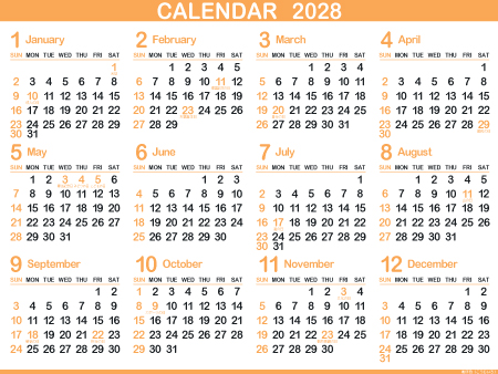 1年カレンダー（2028年･令和10年）柑子色（450px）