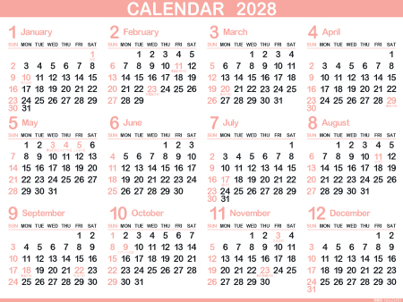 1年カレンダー（2028年･令和10年）珊瑚色（450px）