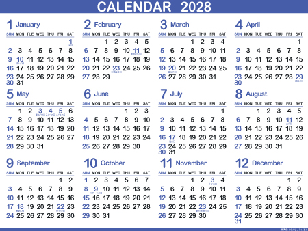 1年カレンダー（2028年･令和10年）群青色（450px）