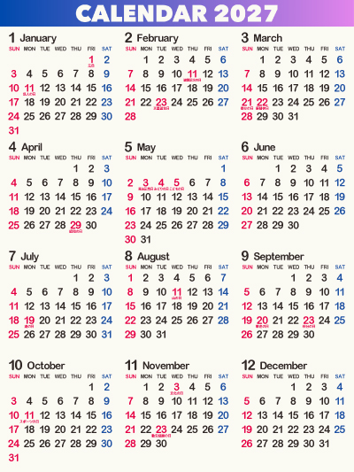 2027年（令和9年）年間カレンダー・暦［PDF・画像］無料ダウンロード