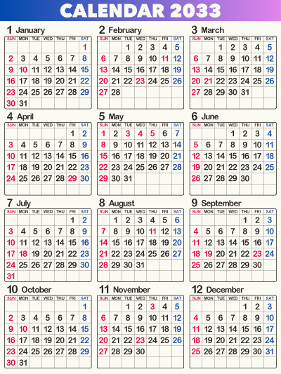 カレンダー 2033 Calendar in PDF | WikiDates.org