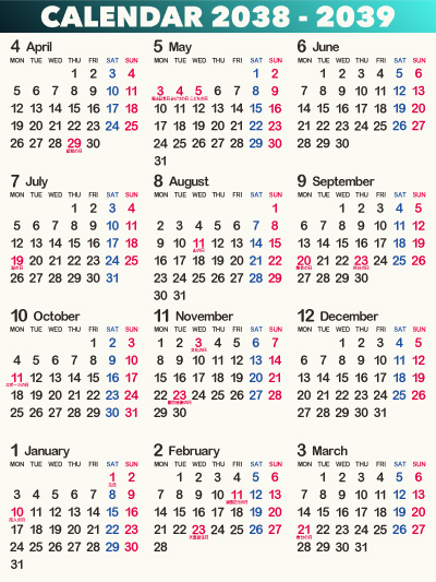 2038年（令和20年）年間カレンダー・暦［PDF・画像］無料ダウンロード